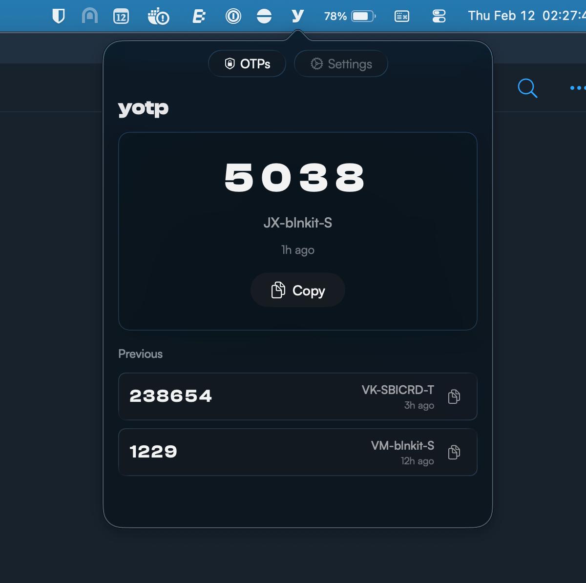 yotp on macOS showing OTP codes in the menu bar